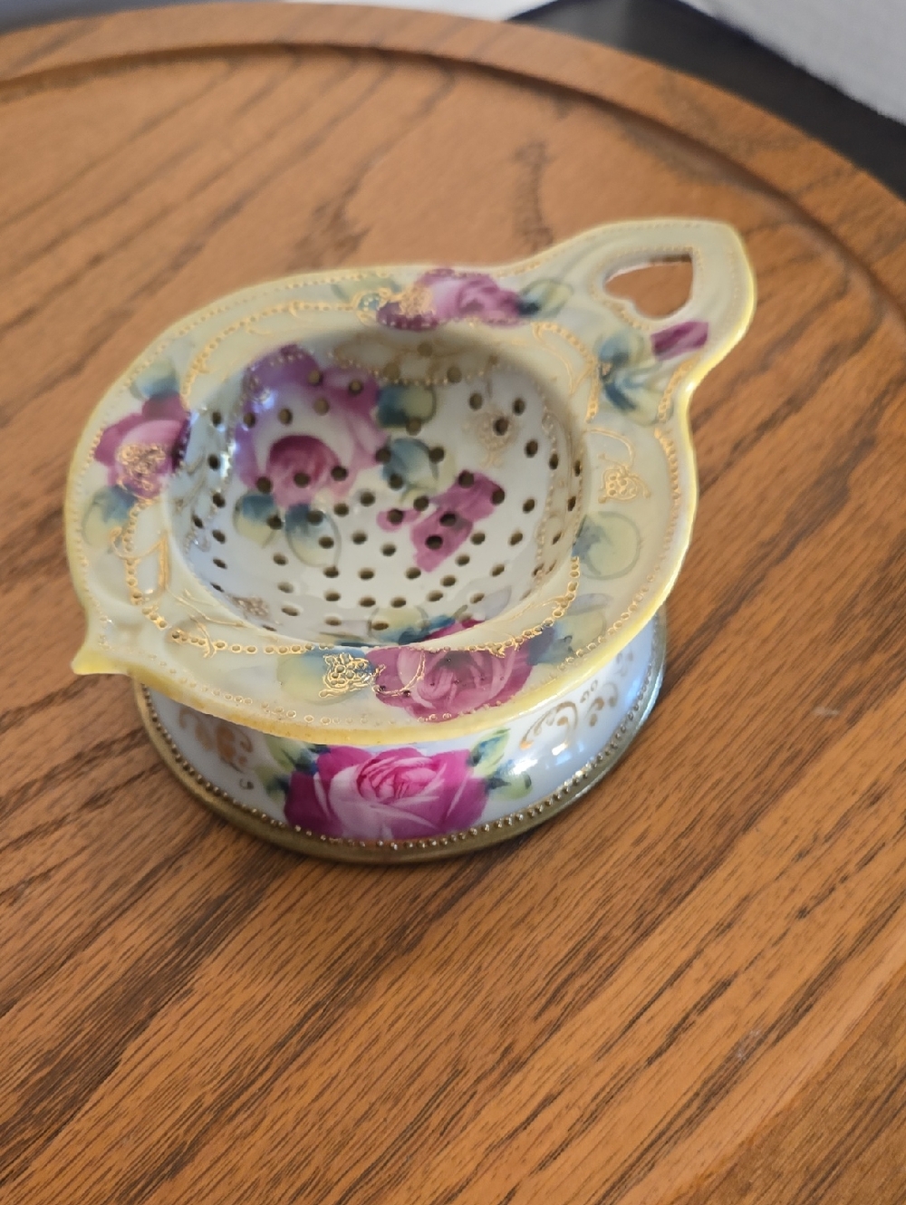 Vintage Porcelain Floral Tea Strainer and Drip Bowl - Pink Rose